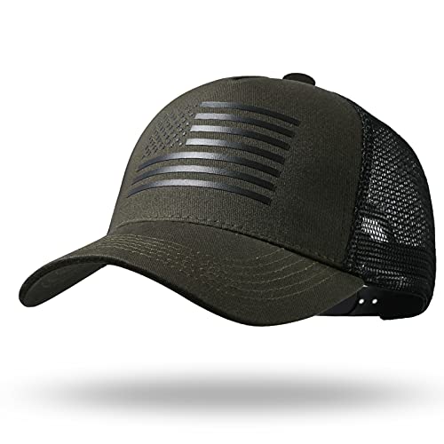 American Flag Trucker Hat - Snapback Hat, Baseball Cap for Men Women - Breathable Mesh Side, Adjustable Fit - for Casual Wear - color: Olive/Black