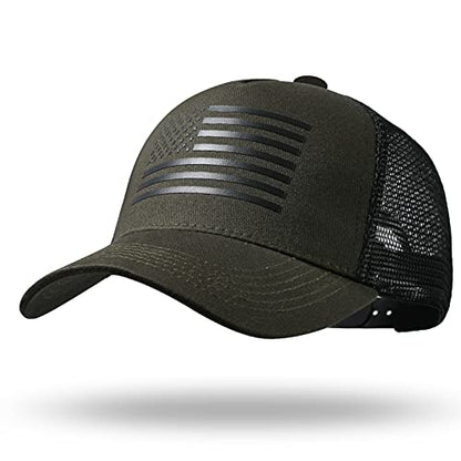 American Flag Trucker Hat - Snapback Hat, Baseball Cap for Men Women - Breathable Mesh Side, Adjustable Fit - for Casual Wear - color: Olive/Black