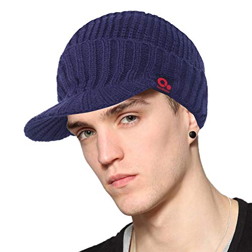 Janey&Rubbins Men‘s Stylish Knit Visor Brim Beanie Hats Fleece Lined Skull Ski Caps - color: Blue