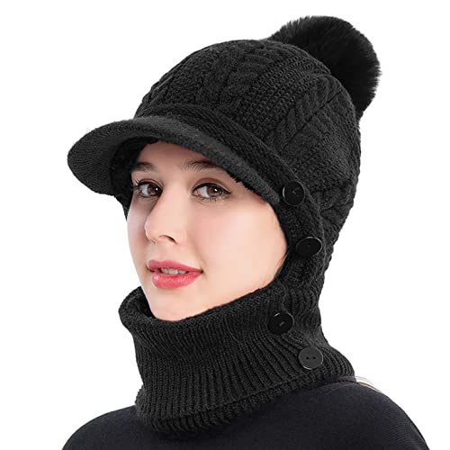HUAMULAN Women Cable Knit Balaclavas Winter Fleece Lined Beanie Hat - color: Black With Pompom