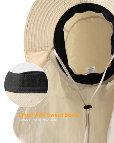 Sun Hats for Men Wide Brim Bucket Hat with Neck Flap for Fishing & Hiking Mens Sun Hat for UV Protection - color: Off-white