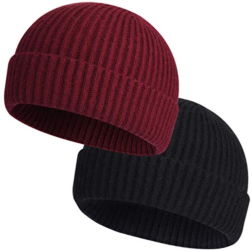 ROYBENS Wool Fisherman Beanies for Men Knit Short Watch Cap Winter Warm Hat - color: 2pcs Black+ Wine Red
