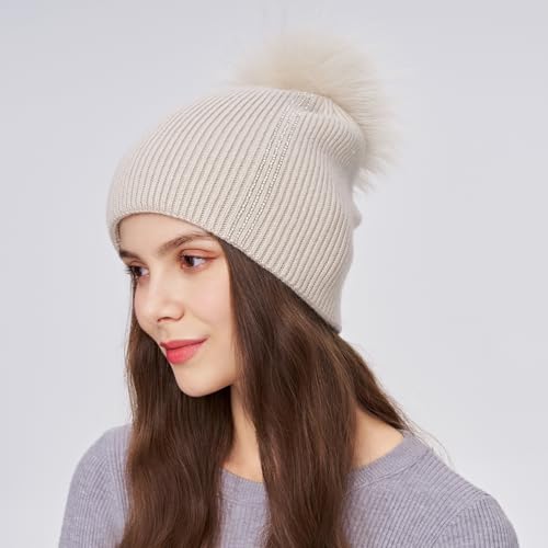 Women's Knitted Angora Wool Hat for Autumn and Winter Warm and Stylish with Rolled Brim and Slanted Rhinestones Cap - color: A-beige