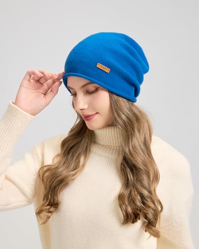 100% Merino Wool Slouchy Beanie Hat, Women Warm Winter Caps Soft, Ladies Breathable & Cozy Stretchy Knitted Skull Cap - color: Sky Blue
