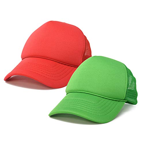 DALIX Solid Blank Trucker Hats Caps 2 Pack - color: Red and Kelly Green
