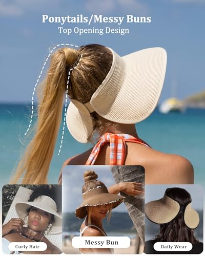 FURTALK Womens Sun Hat with Ponytail Hole Wide Brim Beach Straw Visor - color: 06-mix Beige