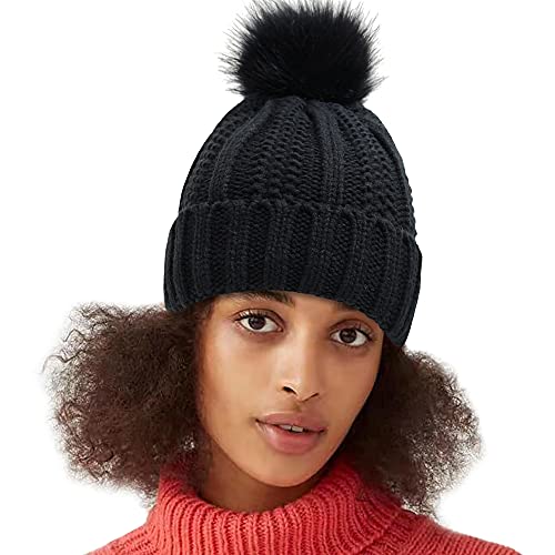 Muryobao Womens Satin Lined Beanie Hat with Faux Fur Pom Cuffed Winter Warm Knit Skull Cap - color: Black