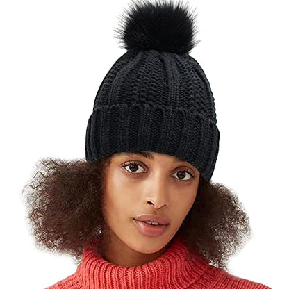 Muryobao Womens Satin Lined Beanie Hat with Faux Fur Pom Cuffed Winter Warm Knit Skull Cap - color: Black
