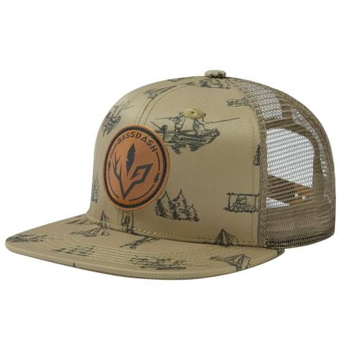 BASSDASH Flat Brim Trucker Cap Adjustable Snapback Hat Mesh Back for Men Women - color: Khaki Camping