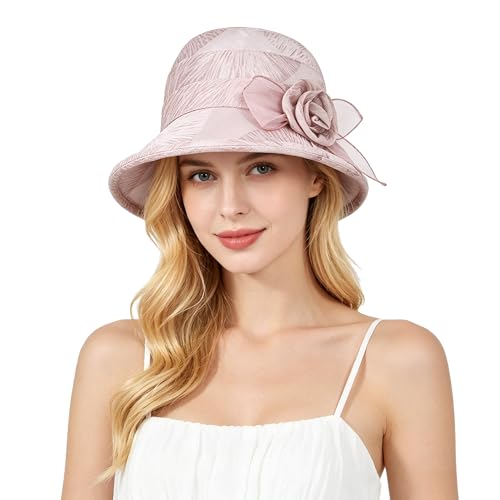 Women Flower Bowler Sun Hat Wide Brim Cloche Bucket Hat Foldable Breathable Wedding Church Tea Party Fascinator - color: Pink