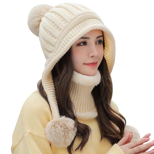 HUAMULAN Women Winter Knit Beanie Hat Circle Scarf Set Pompoms Ear Flaps - color: Beige Solid