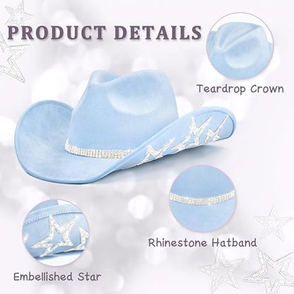 Keilin Rhinestone Cowgirl Hat Disco Cowboy Hat Felt Western Nashville Bachelorette Party Hat for Teens and Adults - color: Blue