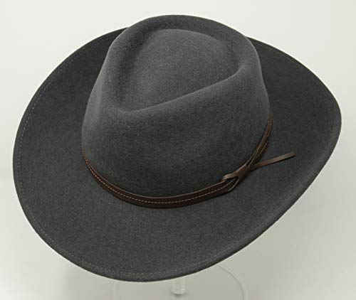 Borges & Scott Hardy - Lightweight Wide Brim Fedora - Leather Band - 100% Wool Felt - Crushable for Travel - Water Resistant - color: Dark Grey, size: Large