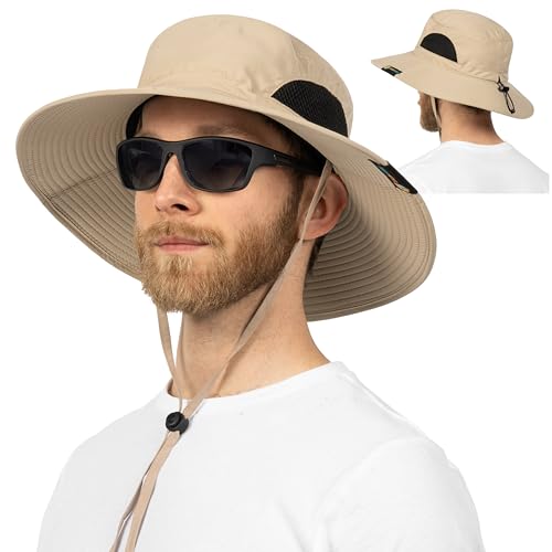 SUN CUBE Wide Brim Sun Hat for Men & Women, UPF 50+ UV Protection, Mesh Boonie Hat with Chin Strap, Fishing Hiking Hat - color: Tan