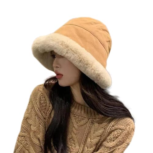 XYX Women Winter Knit Fleece Lined Bucket Hat Beanie Hat Rolled Brim Faux Fur Crochet Skull Cap - color: Khaki