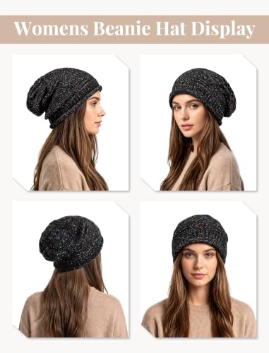 Senker Fashion 2 Pack Winter Beanie Hats for Women, Womens Slouchy Beanies - color: Mixed Beige Mixed Black