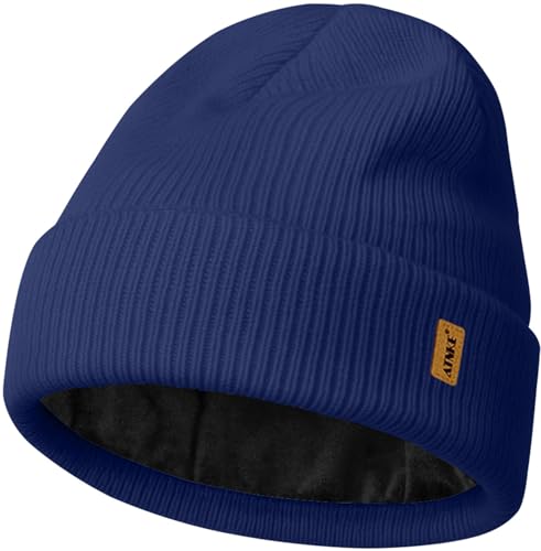 ATNKE Beanie for Men Women, Soft Warm Fleece Lined Winter Ski Beanies Hat Unisex Thick Stocking Knit Cuffed Skull Cap - color: #Light Navy Blue