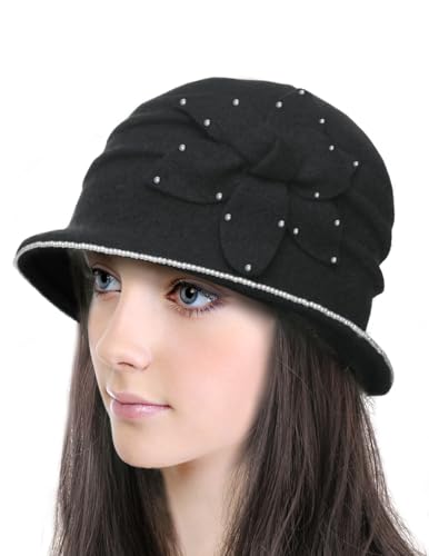 Dahlia Women's Winter Hat - Wool Vintage Cloche/Bucket Hat, Daisy Flower - color: Beaded Black