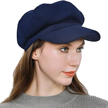 Women’s Newsboy Cap Wool Blend Retro Solid Color Girls Fashion Gatsby Cabbie Visor Beret Hat - color: Navy