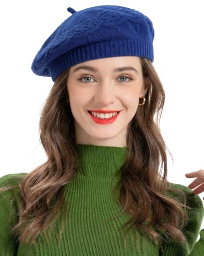 ZLYC Women French Beret Hat Reversible Solid Color Knit Warm Artist Cap - color: Cable Knit Royal Blue