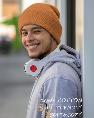 100% Cotton Beanie Lengthen Cuffed Beanies Knit Winter Hats Unisex - color: 1-coffee