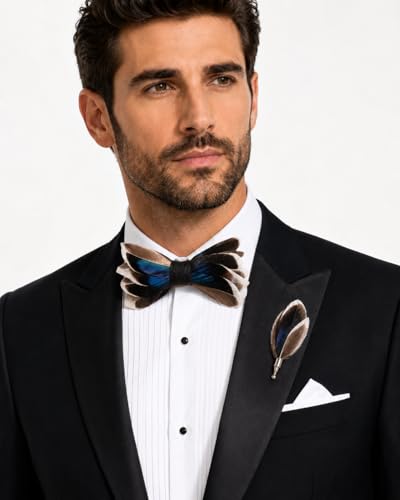 RBOCOTT Handmade Feather Pre-tied Bow tie and Brooch Sets for Men - color: Navy Blue/Brown