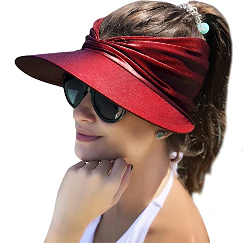 Muryobao Womens Sun Visor Hat Wide Brim Summer UPF 50+ UV Protection Beach Sport Cap - color: Wine Red