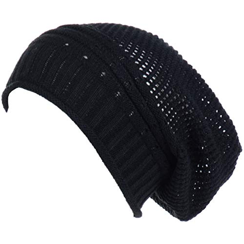 BYOS Women's Airy Cool Lightweight Cutout Long Slouchy Crochet Knit Beanie Hat - color: Net-black