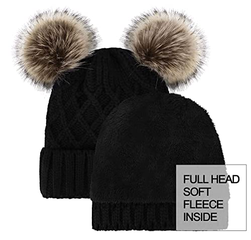 Arctic Paw Womens Winter Hat Cable Knit Beanie for Women Faux Fur Pompom Ears - color: Black _Grid