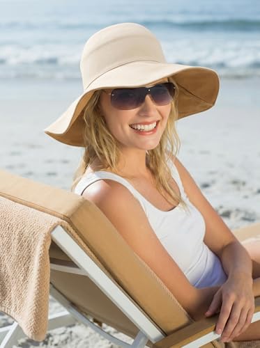 Womens Foldable Shapeable Brim Sun Hat UPF 50+ Cotton Wide Brim Beach Adjustable Chin Strap Hat Sun Protection Cap - color: Beige