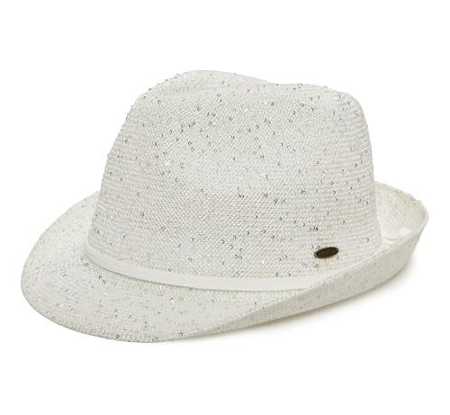 Funky Junque Short Brim Fedora Packable Sun Hat for Women - color: Sequin - White