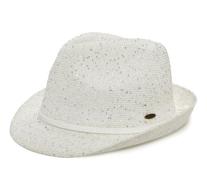 Funky Junque Short Brim Fedora Packable Sun Hat for Women - color: Sequin - White