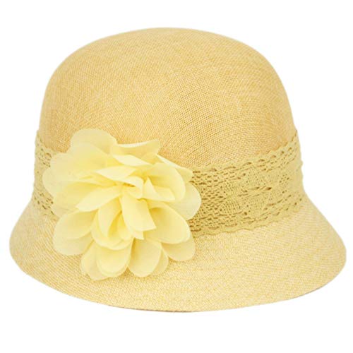 Women's Gatsby Linen Cloche Hat with Lace Band and Flower - color: Cl2265yellow