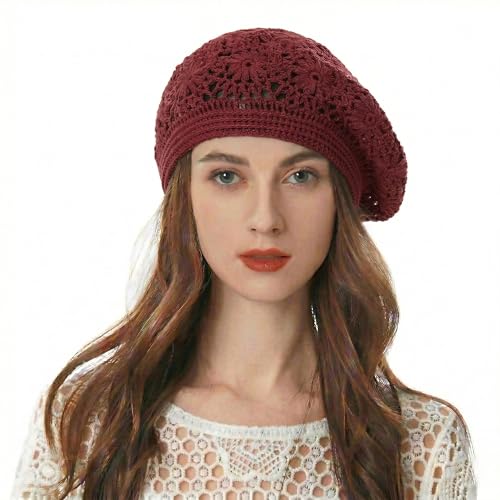 ZLYC Women Cotton Slouchy Crochet Beret Handmade Cutout Floral Beanie Hat - color: Plain Burgundy