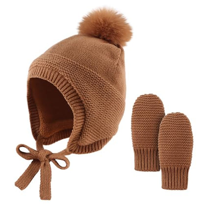 JANGANNSA Basic Winter Baby Beanie Gloves Boy Girl Knitted Kids Hat Mitten - color: Walnut(hat+gloves)no Thumb, size: 0-6 Months
