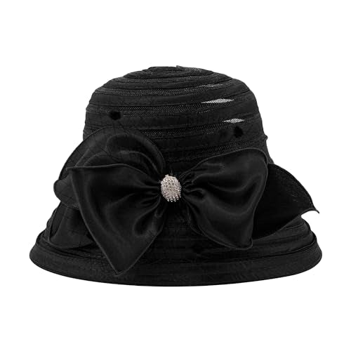 Haoohu Women's Church Derby Hat Wide Brim Bow Bucket Hat Wedding Dress Hat Fascinator Bridal Tea Party Hat - color: Rb Black