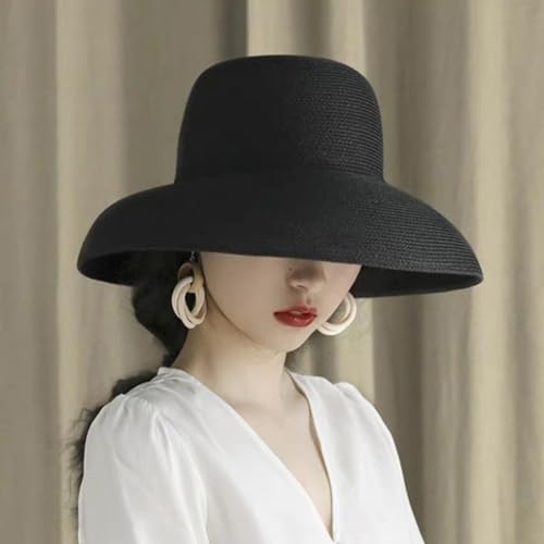 Women Floppy Sun Hat Wide Brim Straw Beach Cap UPF Straw Foldable Sun Hat for Summer - color: Black
