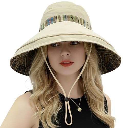 Wide Brim Sun Hat for Women Reversible Beach Hats Metal Wired Edge Gardening Hats, UPF 50+ Bucket Summer Hat - color: Beige Boho-style
