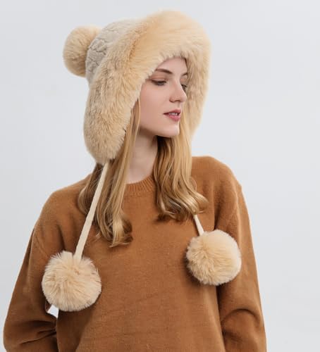HUAMULAN Women Winter Sherpa Knit Beanie Hats Fleece Lined Ear Flaps - color: Beige Solid