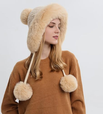 HUAMULAN Women Winter Sherpa Knit Beanie Hats Fleece Lined Ear Flaps - color: Beige Solid
