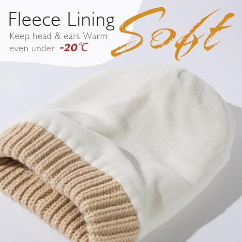 TOP-EX Winter Wool Slouchy Beanie for Women, Warm Faux Fur Pom Hat - color: Beigewhite_fleece Lined