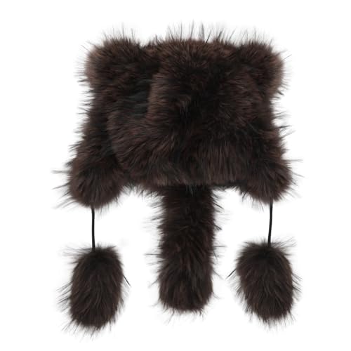 Raccoon Tail Parent-Child Plush Hat Warm Faux Fur Animal Hat with Tail - color: Adult Style-coffee