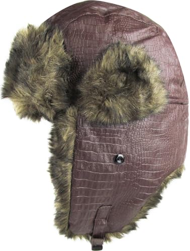 Wool Blend Aviator Trapper hat Trooper Ear Flaps Ushanka Eskimo Russian Warm Winter Cold… - color: Brown Pu Leather