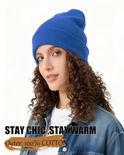 Satin Lined Knit Beanie Hat-100% Cotton Winter Hats for Women Men - color: 1-blue