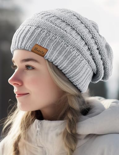 Slouchy Beanies for Women Cable Knit Winter Hats Ladies Gifts Chunky Skull Cap Thick Warm Stocking Caps for Cold Weather - color: Light Grey