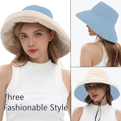 vidsel Womens Sun Hats Wide Brim Reversible Bucket Cotton Hat with Hat Clip - color: Medium-beige+blue, size: Medium