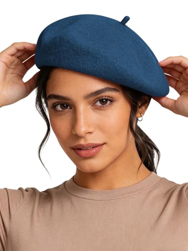 Sumolux Women Beret Hat Wool Vintage French Solid Color Classic Winter Cap - color: Blue B