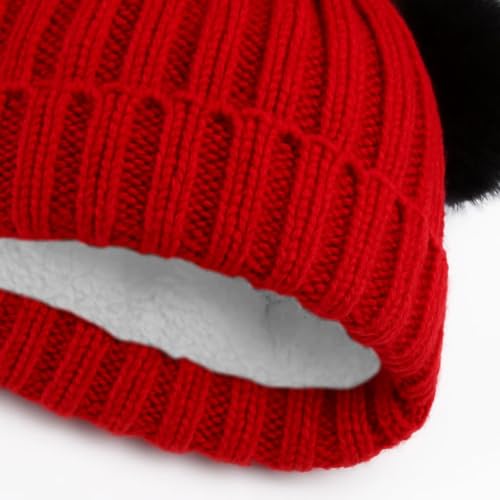 Toddler Winter Knit Hat Upgrade Fleece Lined Pompom Ears Beanies Cap for Boys Girls 3-12 Years - color: Red Black