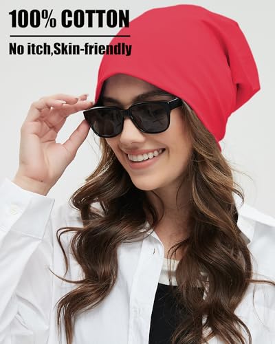 ROYBENS 100% Cotton T-Shirt Beanie for Women Men Slouchy Soft Skull Cap - color: 2pcs-black, Red