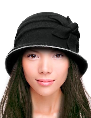 Dahlia Women's Winter Hat - Wool Vintage Cloche/Bucket Hat, Daisy Flower - color: Daisy Flower Black